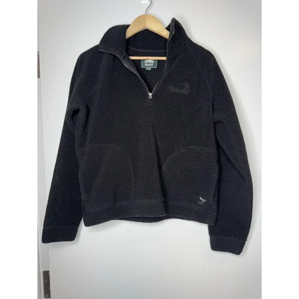Roots Womens Shearling Sherpa Fleece 1/4 Quarter Zip Pullover Size Small Black